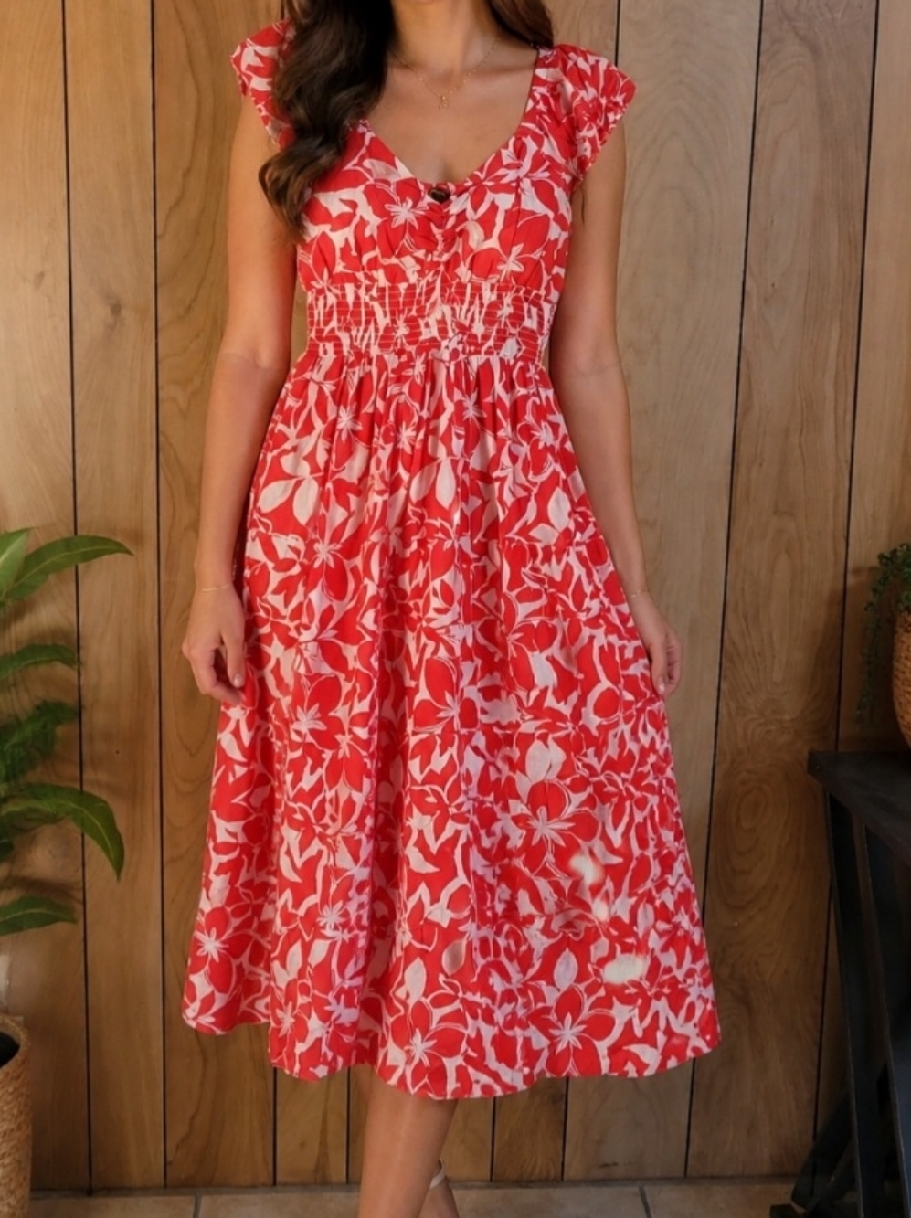 Red Floral Smocked Midi Dress - Women